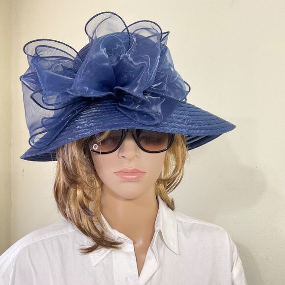 Forbusite Wide Brim Hat OS adjustable with w Large Bow Derby Church Navy blue - Picture 1 of 8